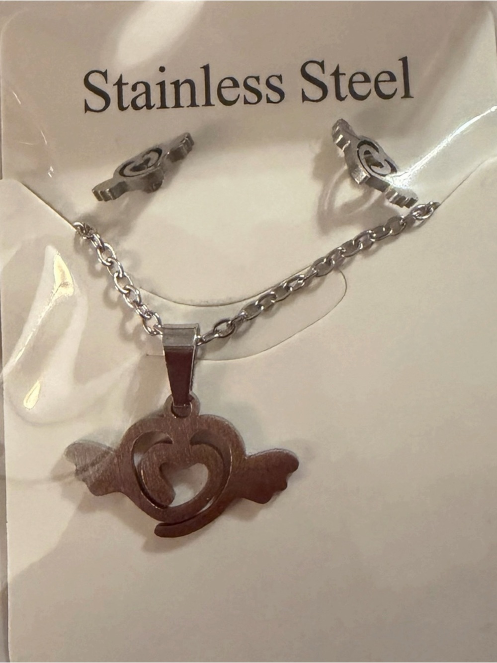 Angel Wing Heart Stainless Steel Necklace & Earring Set